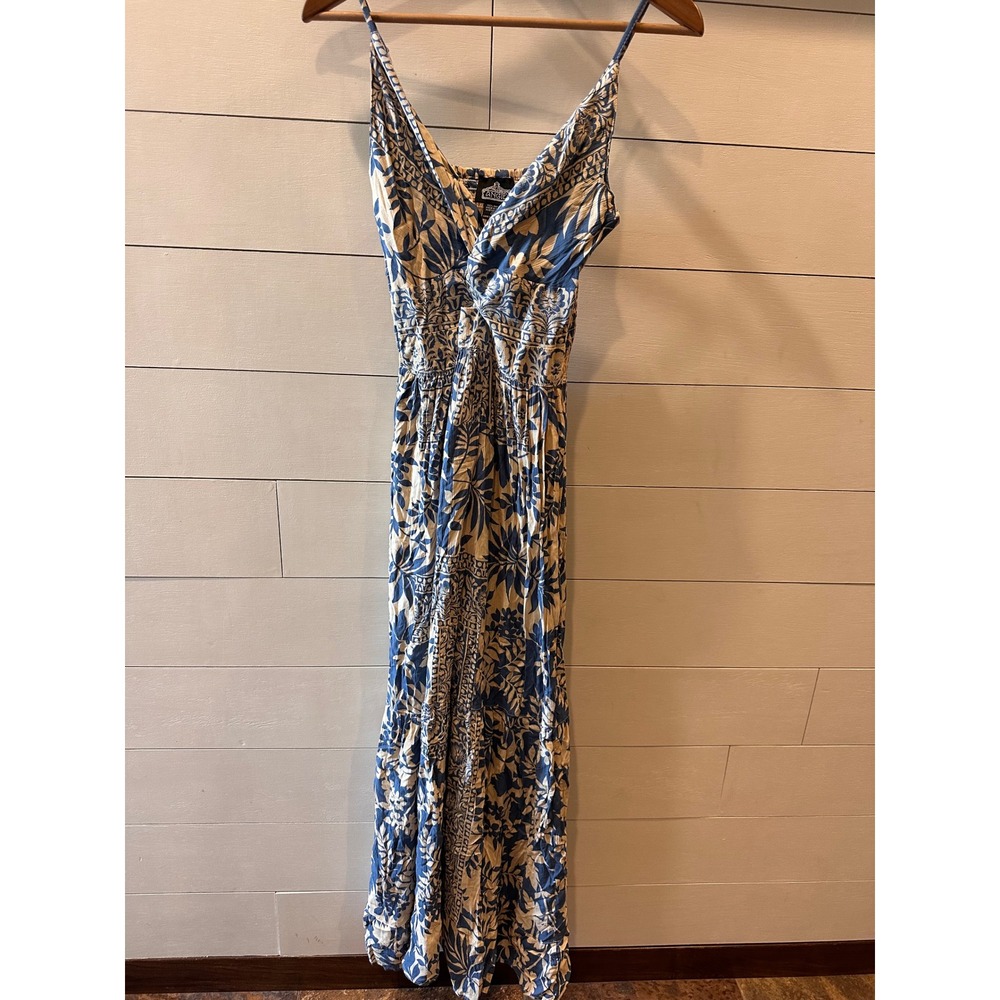 Angie Women Blue Tan Floral Tropical Maxi Dress Smocked V-Neck Rayon Large